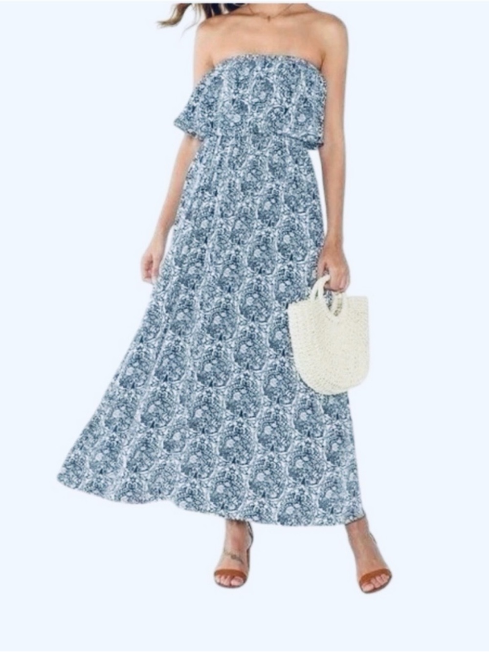 Yidarton Maxi Dress Strapless Ruffle Casual Summer Boho Dress Size M